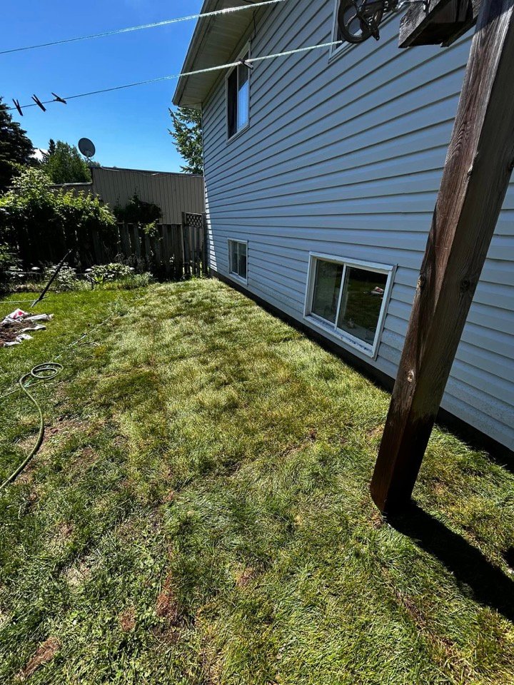 Filled-in green lawn along a house foundation after sodding
